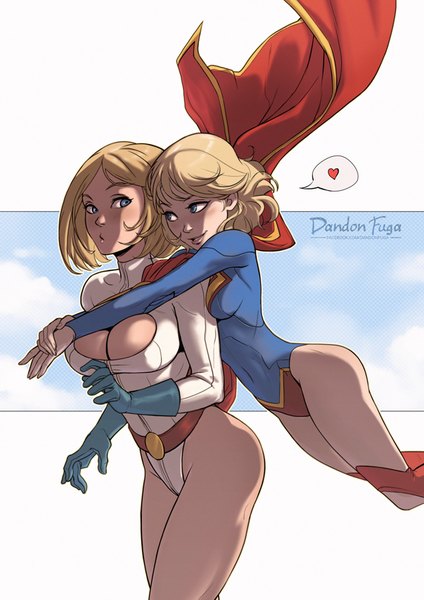 Anime picture 600x849 with dc comics supergirl power girl dandon fuga tall image blush fringe short hair breasts blue eyes light erotic simple background blonde hair smile large breasts white background multiple girls signed payot sky