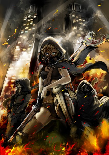 Anime picture 1760x2489 with original kotobuki ryou (artist) tall image highres short hair blue eyes blonde hair smoke group girl weapon shorts gun hood mask fire flag knee pads gas mask