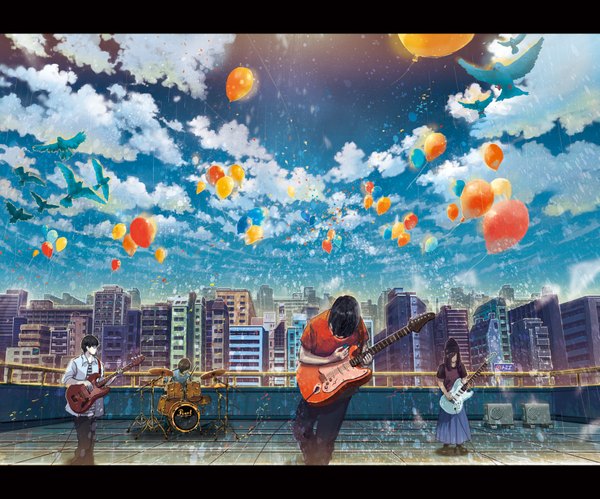 Anime picture 1654x1378 with original masaki (smoothiepool) long hair short hair black hair brown hair sky cloud (clouds) sunlight multiple boys group rain music musician girl boy skirt animal necktie bird (birds)