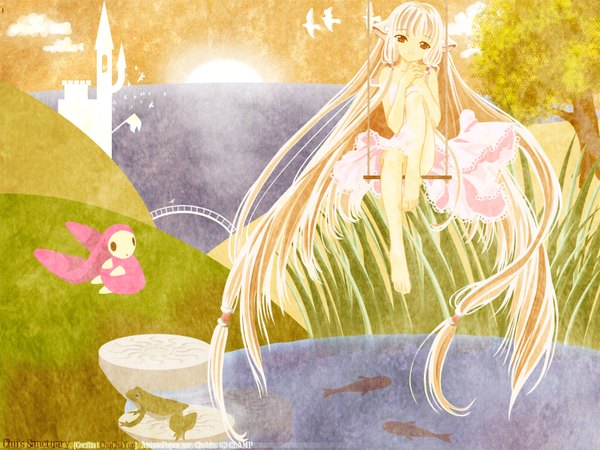 Anime picture 1600x1200 with chobits clamp chii atashi (chobits) single looking at viewer fringe blonde hair bare shoulders brown eyes payot cloud (clouds) full body bent knee (knees) very long hair head tilt bare legs horizon nature girl