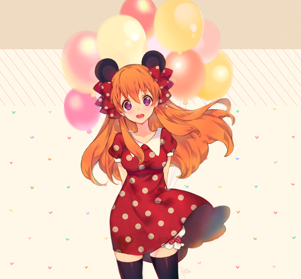 Anime picture 1600x1483 with gekkan shoujo nozaki-kun doga kobo sakura chiyo bittersweet (dalcoms) single long hair looking at viewer blush purple eyes animal ears orange hair hands behind back polka dot mouse ears girl thighhighs dress bow black thighhighs hair bow