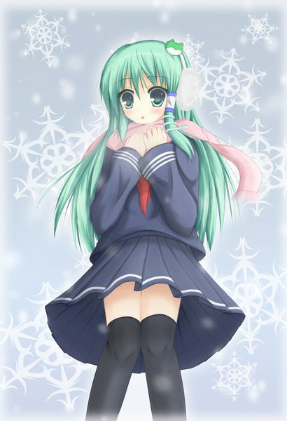 Anime picture 1113x1627 with touhou kochiya sanae shimotsuki keisuke konikonitantan (artist) single long hair tall image green eyes green hair girl thighhighs uniform black thighhighs school uniform serafuku scarf hair tubes snake frog