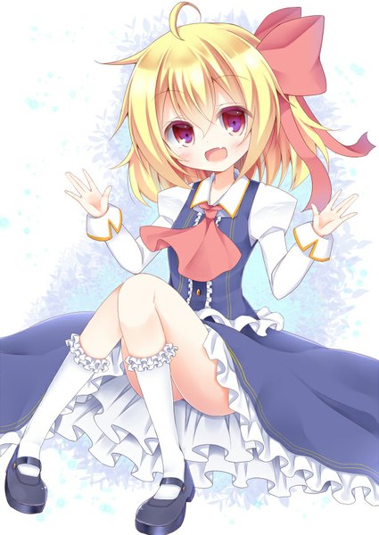 Anime picture 600x847 with touhou rumia esureki single tall image fringe short hair open mouth light erotic blonde hair smile red eyes sitting ahoge long sleeves pink eyes teeth fang (fangs) puffy sleeves girl