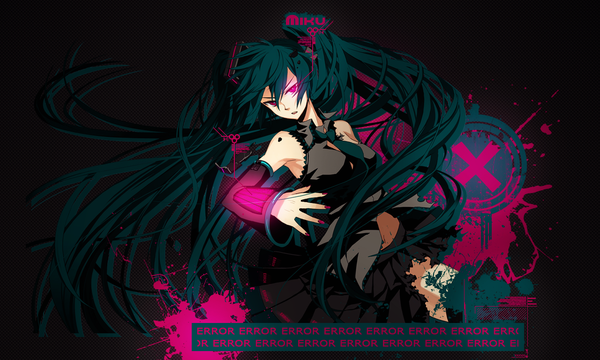 Anime picture 1280x768 with vocaloid hatsune miku long hair wide image twintails nail polish green hair glowing glowing eye (eyes) girl detached sleeves necktie