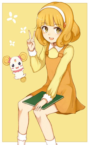 Anime picture 600x962 with precure smile precure! toei animation kise yayoi candy (smile precure!) purea single tall image looking at viewer blush fringe short hair open mouth blonde hair simple background sitting yellow eyes border victory yellow background