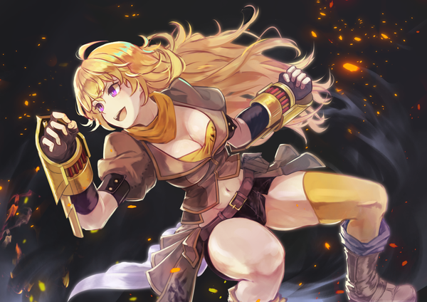 Anime picture 1414x1000 with rwby rooster teeth yang xiao long brat single long hair fringe breasts open mouth light erotic blonde hair smile hair between eyes large breasts purple eyes looking away cleavage ahoge bent knee (knees) :d