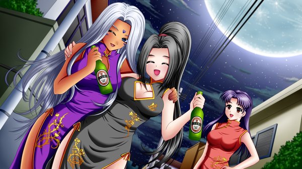 Anime picture 1920x1080 with ilolamai long hair highres open mouth blue eyes black hair red eyes wide image multiple girls purple hair white hair night chinese clothes girl 3 girls moon chinese dress alcohol beer