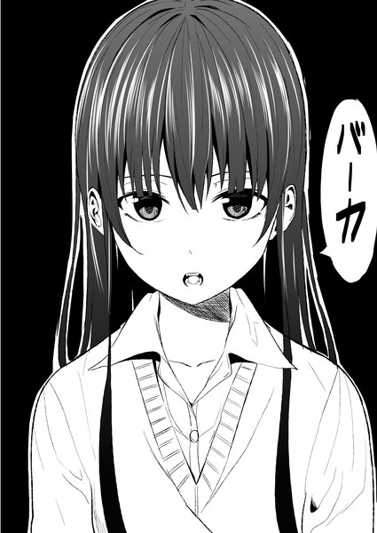 Anime picture 1289x1821 with original nishigori atsushi single long hair tall image looking at viewer fringe open mouth simple background teeth fang (fangs) black background monochrome open collar girl uniform school uniform