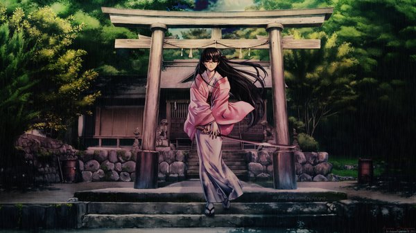 Anime picture 1920x1080 with black lagoon madhouse roberta (black lagoon) single long hair highres black hair wide image standing traditional clothes rain girl weapon plant (plants) sword tree (trees) glasses katana