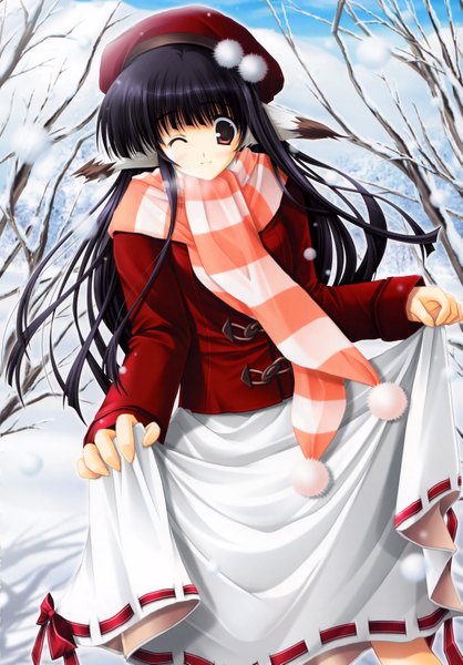 Anime picture 2421x3477 with ikegami akane single long hair tall image highres black hair red eyes animal ears one eye closed wink girl hat scarf winter clothes