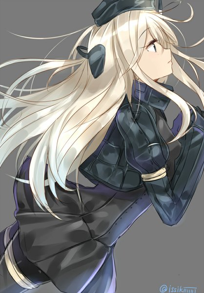 Anime picture 700x1005 with kantai collection u-511 submarine isshiki (ffmania7) single long hair tall image blue eyes simple background blonde hair signed looking away profile grey background girl dress gloves black gloves headdress armor gorget