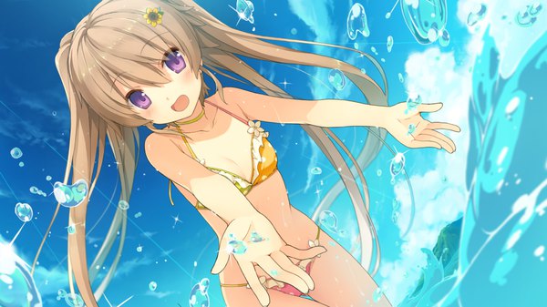 Anime picture 1920x1080 with ao no kanata no four rhythm sprite (company) arisaka mashiro akinashi yuu single long hair blush fringe highres open mouth hair between eyes brown hair wide image twintails purple eyes game cg sky cloud (clouds) sparkle spread arms