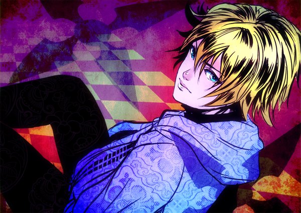 Anime picture 1414x1000 with tiger & bunny sunrise (studio) ivan karelin toonikun single looking at viewer short hair blonde hair sitting looking back aqua eyes checkered floor boy hood hoodie