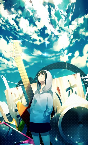 Anime picture 850x1400 with original achiki single tall image short hair black hair brown eyes sky cloud (clouds) looking up girl skirt hood guitar