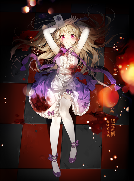 Anime picture 700x946 with adabana no yakata killing game sorolp single long hair tall image looking at viewer fringe blonde hair smile red eyes twintails full body bent knee (knees) arms up sparkle shadow armpit (armpits) on back copyright name arms behind head