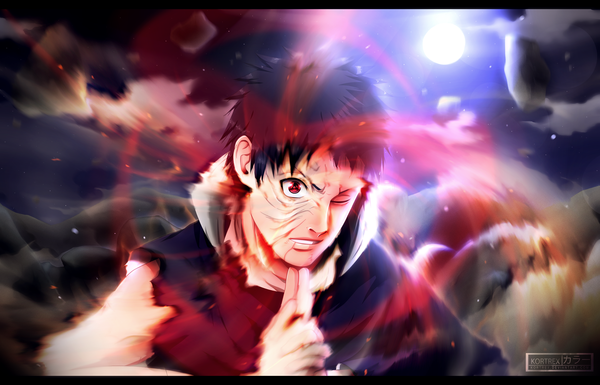 Anime picture 2758x1772 with naruto studio pierrot naruto (series) uchiha obito tobi kortrex single highres short hair black hair red eyes cloud (clouds) night night sky coloring torn clothes magic light letterboxed scar