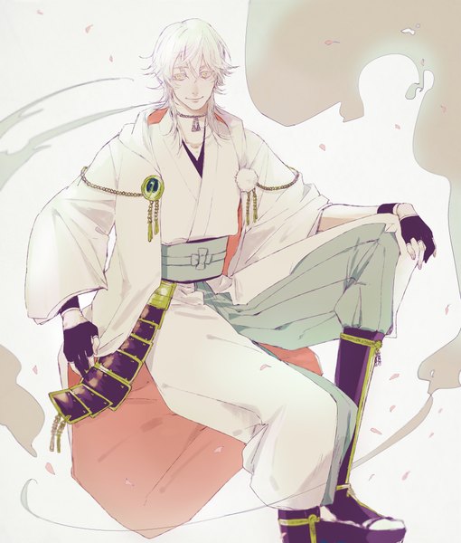 Anime picture 800x940 with touken ranbu nitroplus tsurumaru kuninaga maru0one single long hair tall image looking at viewer fringe smile hair between eyes sitting yellow eyes bent knee (knees) white hair traditional clothes japanese clothes boy gloves petals