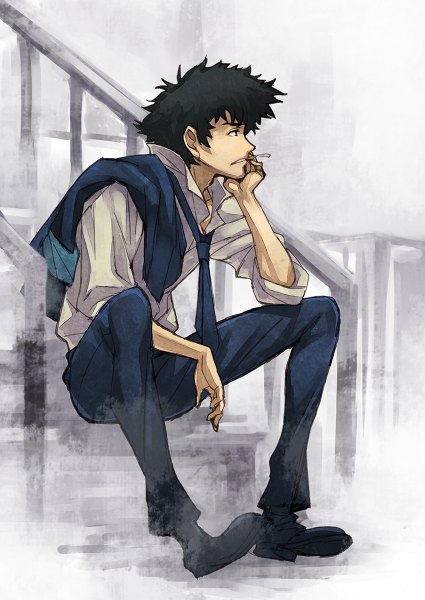 Anime picture 850x1200 with cowboy bebop sunrise (studio) spike spiegel matsuryuu single tall image short hair black hair looking away profile black eyes smoking boy shirt necktie jacket pants stairs cigarette fence