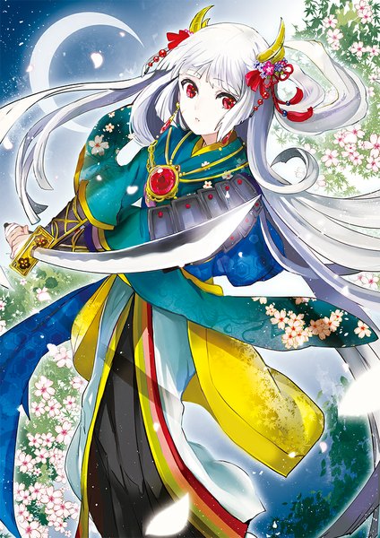 Anime picture 800x1132 with original koto2 single long hair tall image looking at viewer fringe red eyes standing white hair traditional clothes horn (horns) night sparkle night sky floral print crescent girl hair ornament flower (flowers)