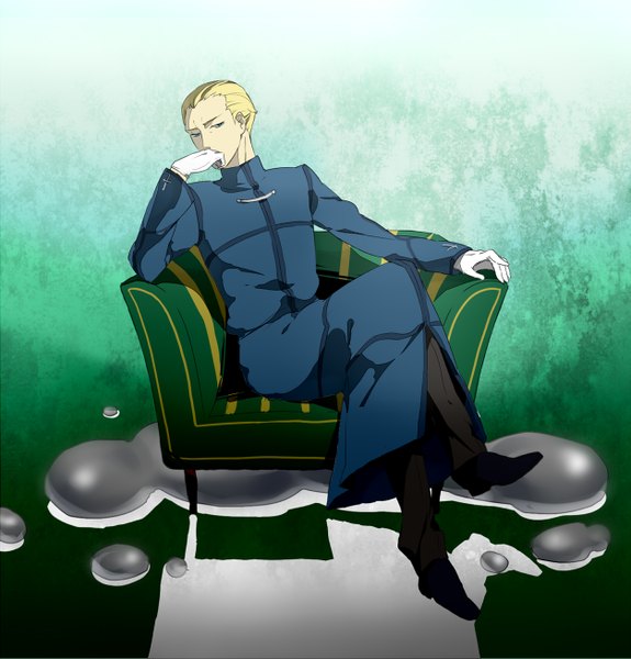 Anime picture 1254x1310 with fate/zero kayneth archibald el-melloi tall image looking at viewer short hair blue eyes blonde hair sitting shadow boy gloves cloak armchair