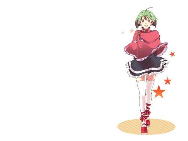 Anime picture 1280x960 with macross macross frontier ranka lee single blush short hair simple background red eyes white background ahoge green hair girl thighhighs skirt white thighhighs star (symbol) cape