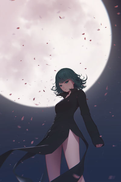 Anime picture 2000x3000 with one-punch man madhouse tatsumaki maredoro single tall image looking at viewer highres short hair green eyes sky green hair wind blurry girl dress petals black dress moon full moon