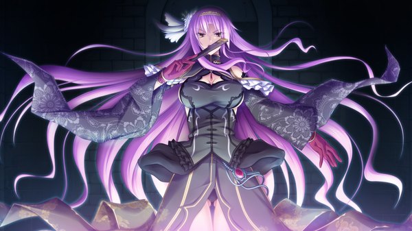 Anime picture 1280x720 with madou koukaku eushully single long hair red eyes wide image game cg purple hair girl dress gloves hair ornament detached sleeves hairband fan