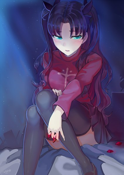 Anime picture 744x1052 with fate (series) fate/stay night type-moon toosaka rin walzrj single long hair tall image blush black hair sitting twintails holding signed aqua eyes looking down girl thighhighs skirt ribbon (ribbons)
