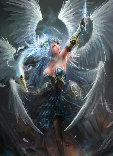 Anime picture 2416x3310 with original yala single long hair tall image highres breasts blue eyes light erotic large breasts blue hair bent knee (knees) light smile armpit (armpits) looking up head wings white wings multiple wings girl gloves