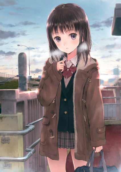 Anime picture 2337x3300 with original fujita hidetoshi single long hair tall image looking at viewer highres black hair purple eyes sky cloud (clouds) scan girl uniform school uniform jacket school bag