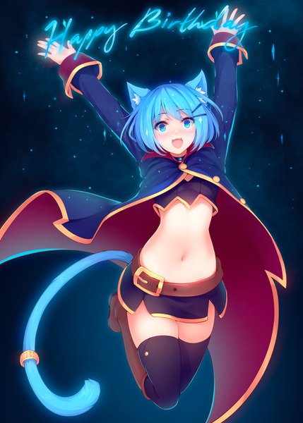 Anime picture 916x1280 with original ricegnat single tall image looking at viewer blush short hair open mouth blue eyes light erotic smile animal ears blue hair full body tail long sleeves :d animal tail cat ears inscription