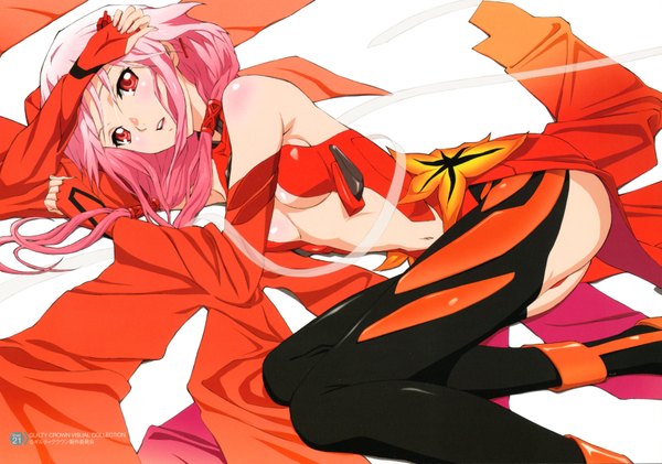 Anime picture 6977x4900 with guilty crown production i.g yuzuriha inori igawa rena (artist) single long hair blush highres breasts open mouth light erotic red eyes twintails pink hair absurdres scan official art center opening girl navel