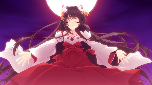 Anime picture 2560x1440 with magical dears takanashi saya single highres open mouth black hair wide image game cg eyes closed very long hair traditional clothes japanese clothes miko girl hair ornament detached sleeves