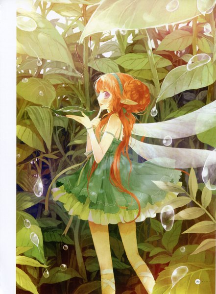 Anime picture 3271x4451 with original chiya illustration collection: mint (artbook) chiya single long hair tall image looking at viewer blush highres open mouth purple eyes bare shoulders absurdres profile pointy ears scan orange hair finger to mouth fantasy insect wings