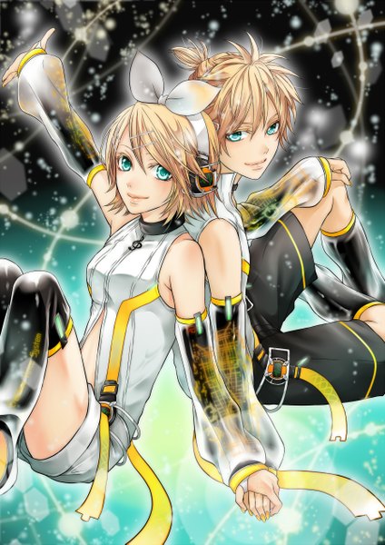 Anime picture 1800x2545 with vocaloid vocaloid append kagamine rin kagamine len kagamine rin (append) kagamine len (append) hakuseki tall image looking at viewer highres short hair blonde hair sitting bare shoulders green eyes nail polish aqua eyes light smile couple holding hands