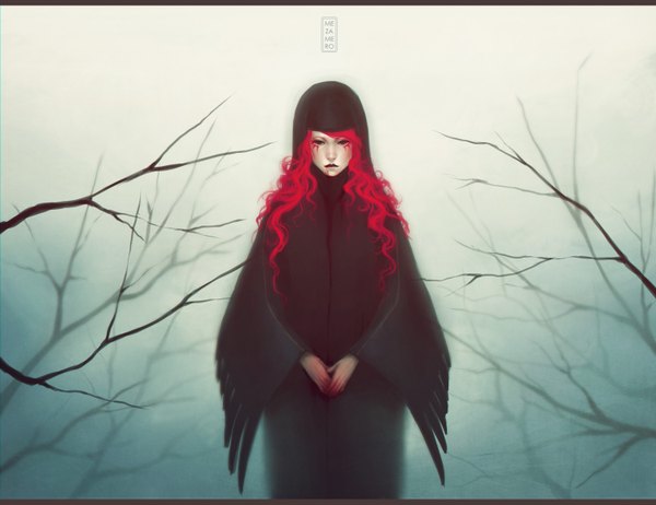 Anime picture 1500x1155 with original mezamero single long hair looking at viewer standing signed red hair black eyes wavy hair fog girl plant (plants) tree (trees) hood