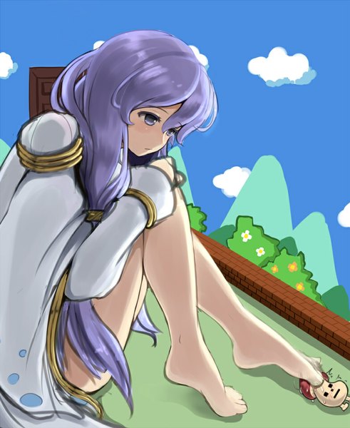 Anime picture 782x955 with latale highlander (latale) zi-shot (artist) single long hair tall image blush sitting purple eyes sky purple hair cloud (clouds) girl