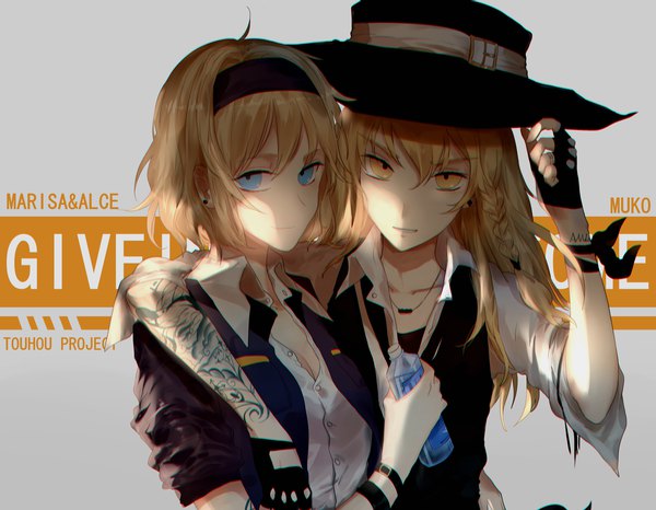 Anime picture 3200x2488 with touhou kirisame marisa alice margatroid meng ziya long hair looking at viewer fringe highres short hair blue eyes blonde hair simple background smile hair between eyes multiple girls yellow eyes absurdres ahoge upper body braid (braids)