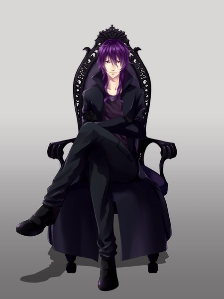 Anime picture 960x1280 with k-project gohands (studio) mishakuji yukari maima itsu-buri single long hair tall image looking at viewer fringe sitting purple eyes purple hair bent knee (knees) alternate costume crossed legs crossed arms alternate color boy pants chair