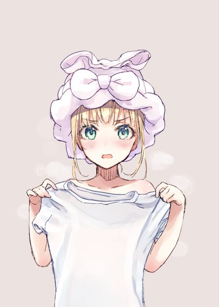 Anime picture 715x1000 with original rimo single tall image looking at viewer blush fringe short hair open mouth simple background blonde hair bare shoulders holding green eyes upper body embarrassed covering nude cover girl shirt