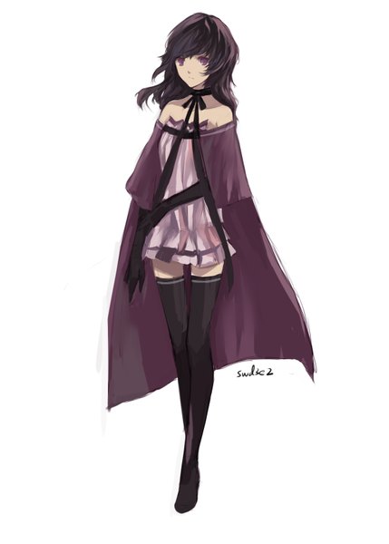 Anime picture 1181x1653 with swd3e2 single long hair tall image looking at viewer fringe black hair purple eyes wind girl thighhighs dress black thighhighs white dress cloak
