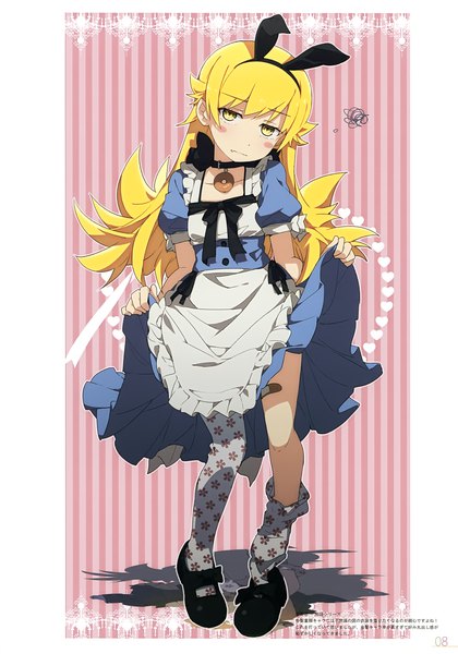 Anime picture 2449x3500 with bakemonogatari alice in wonderland shaft (studio) monogatari (series) milky been! (ogipote) - chara pack 2017 (artbook) oshino shinobu ogipote single long hair tall image looking at viewer blush fringe highres blonde hair animal ears yellow eyes full body pointy ears scan