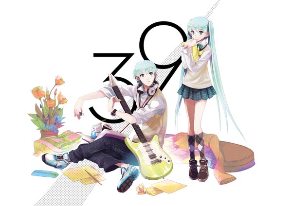 Anime picture 1400x990 with vocaloid hatsune miku hatsune mikuo chris (pixiv) long hair short hair twintails aqua eyes aqua hair plaid girl boy skirt flower (flowers) miniskirt shirt socks shoes headphones vest