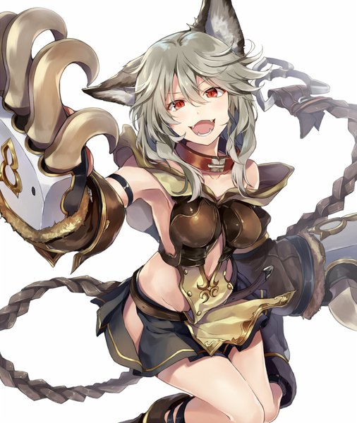 Anime picture 723x857 with granblue fantasy sen (granblue fantasy) kakao rantan single long hair tall image looking at viewer fringe open mouth light erotic smile hair between eyes red eyes white background animal ears head tilt pleated skirt grey hair teeth fang (fangs)