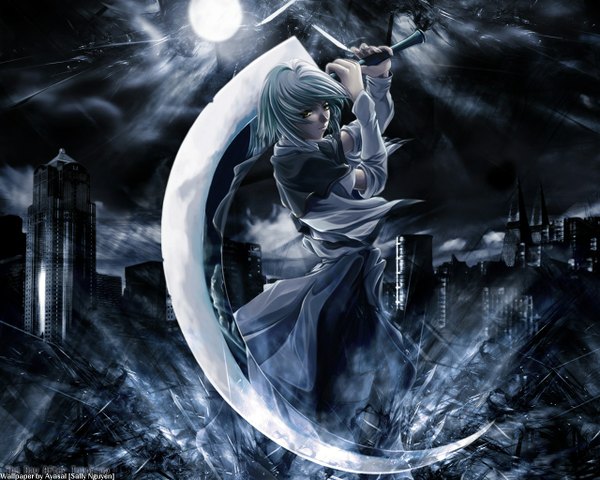 Anime picture 1280x1024 with silver hair weapon moon tagme