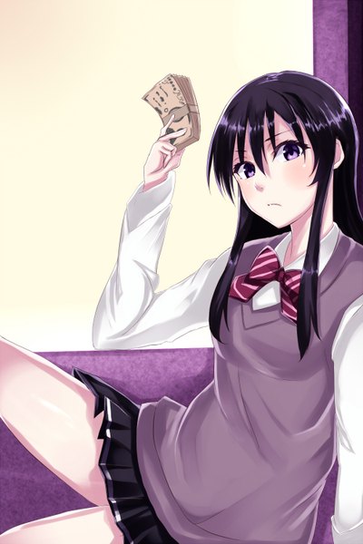 Anime picture 1000x1500 with nirata ni fumihiko single long hair tall image looking at viewer blush sitting purple eyes purple hair girl skirt uniform school uniform money