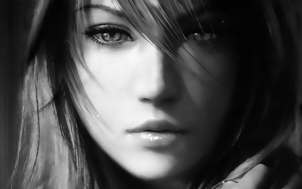 Anime picture 1920x1200 with final fantasy final fantasy xiii square enix lightning farron single long hair looking at viewer fringe highres lips hair over one eye realistic wallpaper monochrome portrait close-up face serious girl video game
