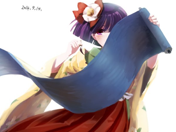 Anime picture 800x600 with touhou hieda no akyuu chabi (amedama) single fringe short hair white background purple eyes holding looking away purple hair traditional clothes japanese clothes wide sleeves dated girl hair ornament flower (flowers) paintbrush camellia (flower)