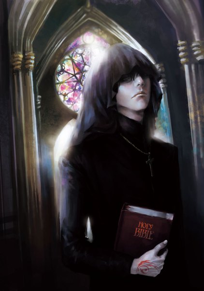 Anime picture 900x1278 with fate (series) fate/zero type-moon kotomine kirei fin (pixiv) single tall image fringe short hair black hair holding black eyes hair over one eye tattoo boy window pendant book (books) cross veil