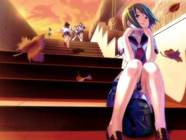 Anime picture 1024x768 with koutaro autumn serafuku stairs tagme